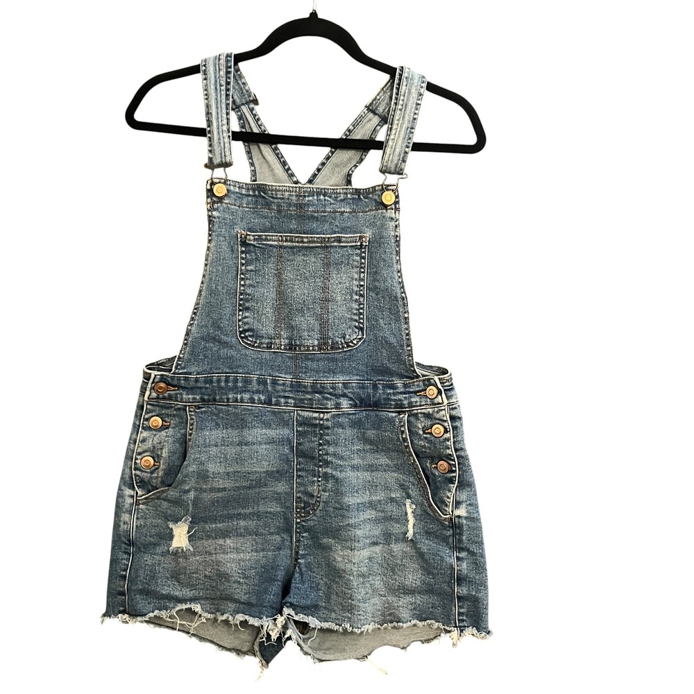 NoBo Womens Distressed Denim Shortalls Overalls M 7-9 Y2K Festival Cutoffs Jeans
